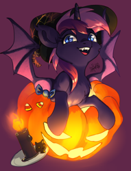 Size: 2680x3507 | Tagged: safe, artist:charlot, derpibooru import, oc, oc only, bat pony, pony, unicorn, bat pony oc, bat wings, candle, clothes, costume, fangs, halloween, halloween costume, hat, holiday, horn, jack-o-lantern, pumpkin, solo, unicorn oc, wings, witch hat