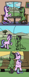 Size: 831x2148 | Tagged: safe, artist:realdash, derpibooru import, starlight glimmer, oc, oc:anon, oc:anon stallion, earth pony, pony, unicorn, aggie.io, bench, date, earth pony oc, female, happy, kite, kite flying, leaning, male, mare, pixel art, sitting, smiling, stallion, talking