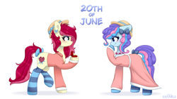 Size: 3840x2160 | Tagged: safe, artist:ev04ka, artist:ev04kaa, derpibooru import, oc, oc only, oc:sugar swirl, oc:velvet passion, earth pony, pony, bow, clothes, dress, female, hat, jewelry, lesbian, looking at each other, looking at something, mare, marriage proposal, rcf community, ring, simple background, smiling, smiling at each other, socks, stockings, striped socks, tail bow, text, thigh highs, white background