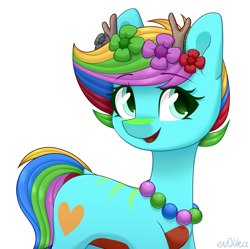 Size: 2170x2160 | Tagged: safe, artist:ev04ka, artist:ev04kaa, derpibooru import, oc, oc only, oc:silvia, earth pony, pony, antlers, female, floral head wreath, flower, jewelry, necklace, rcf community, simple background, text, white background