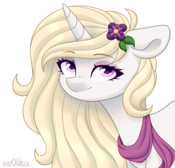 Size: 2250x2160 | Tagged: safe, artist:ev04ka, artist:ev04kaa, derpibooru import, oc, oc only, oc:winthria siriusa, pony, unicorn, clothes, eyeshadow, female, flower, flower in hair, looking at you, makeup, mare, rcf community, scarf, simple background, text, white background