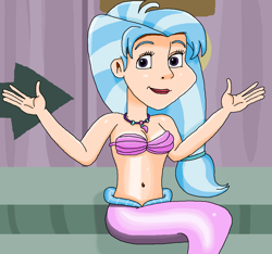 Size: 994x932 | Tagged: safe, artist:ocean lover, derpibooru import, silverstream, human, mermaid, school daze, season 8, spoiler:s08, beautiful, belly button, blue hair, bra, cute, diastreamies, disney style, door, female, fins, fish tail, hands in the air, human coloration, humanized, jewelry, lips, looking at you, mermaid tail, mermaidized, midriff, ms paint, necklace, pearl necklace, pretty, purple eyes, scene interpretation, seashell bra, shiny skin, smiling, solo, solo female, species swap, stairs, tail, underwear
