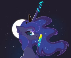 Size: 1580x1290 | Tagged: safe, artist:mirtash, derpibooru import, princess luna, alicorn, pony, bust, female, food, horn, levitation, licking, long horn, looking at you, looking sideways, magic, mare, moon, popsicle, profile, side view, smiling, smiling at you, stars, telekinesis, tongue, tongue out, wavy mane