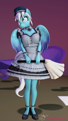 Size: 2160x3840 | Tagged: safe, artist:dietshantytown, derpibooru import, oc, oc only, oc:ice, anthro, pegasus, plantigrade anthro, 3d, breasts, clothes, commission, ear piercing, earring, female, hat, jewelry, maid, not trixie, pantyhose, pegasus oc, piercing, shoes, solo, source filmmaker, wings