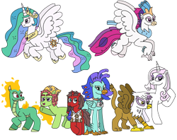 Size: 3094x2448 | Tagged: safe, artist:supahdonarudo, derpibooru import, fleur-de-lis, gilda, princess celestia, queen novo, tianhuo, tree hugger, oc, oc:ironyoshi, oc:sea lilly, alicorn, classical hippogriff, dragon, earth pony, griffon, hippogriff, hybrid, longma, unicorn, them's fightin' herds, my little pony: the movie, anniversary, bandana, camera, clothes, community related, flying, happy birthday mlp:fim, jewelry, looking at each other, looking at someone, mane of fire, mlp fim's twelfth anniversary, necklace, raised hoof, raised leg, shirt, simple background, spread wings, transparent background, wings