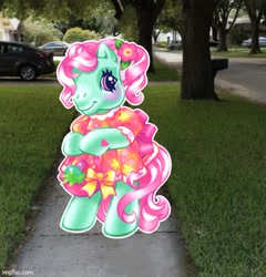 Size: 500x521 | Tagged: safe, artist:lyn fletcher, derpibooru import, minty, g3, basket, car, clothes, dress, meme, ribbon, you know i had to do it to em