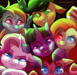 Size: 1280x1250 | Tagged: safe, artist:primrosepaper, derpibooru import, applejack, fluttershy, pinkie pie, rainbow dash, rarity, twilight sparkle, alicorn, pegasus, pony, unicorn, applepills, brutalight sparcake, clothes, costume, demented six, elements of insanity, fluttershout, mane six, nightmare night, nightmare night costume, pinkamena diane pie, pinkis cupcake, rainbine, rarifruit, red eye