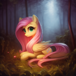 Size: 2048x2048 | Tagged: safe, derpibooru import, generator:stable diffusion, machine learning generated, fluttershy, pegasus, pony, g4, cute, female, forest, looking at you, mare, shyabetes