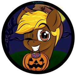 Size: 3600x3600 | Tagged: safe, artist:sugardotxtra, derpibooru import, oc, oc:acres, cockroach, insect, candy, commission, cowboy hat, food, halloween, hat, holiday, one eye closed, pumpkin bucket, roachy, scary tree, tree, wink, ych result, your character here