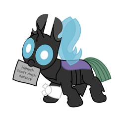 Size: 3000x3000 | Tagged: safe, artist:theunidentifiedchangeling, derpibooru import, oc, oc:[unidentified], changeling, armband, buggo, changeling oc, cute, cuteling, derp, digital art, foal, horn, intentional spelling error, mlp fim's twelfth anniversary, mouth hold, paper, simple background, solo, spread wings, transparent background, wings