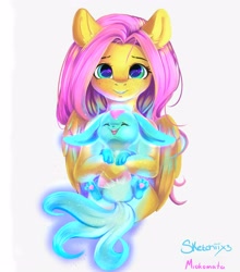 Size: 2900x3300 | Tagged: safe, artist:miokomata, artist:sketchiix3, derpibooru import, fluttershy, pegasus, pony, collaboration, carbuncle, crossover, cute, female, final fantasy, freckles, freckleshy, glowing, grin, high res, holding, looking at you, mare, shyabetes, simple background, smiling, smiling at you, white background