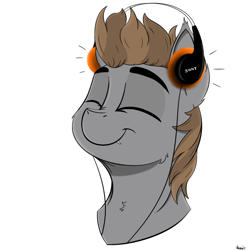 Size: 900x900 | Tagged: safe, artist:rapid9, derpibooru import, oc, oc only, bat pony, pony, 80s, bat pony oc, cute, cute little fangs, ear tufts, eyes closed, fangs, headphones, listening to music, male, music, simple background, smiling, sony, stallion, white background, wires