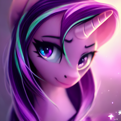 Size: 1024x1024 | Tagged: safe, derpibooru import, editor:hawkeyethree, generator:purplesmart.ai, generator:stable diffusion, machine learning generated, starlight glimmer, pony, unicorn, g4, bust, eyebrows, female, looking at you, mare, portrait, smiling, smiling at you, solo