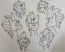 Size: 1865x1489 | Tagged: safe, artist:spoopygirl, derpibooru import, tempest shadow, unicorn, broken horn, commission, emotions, female, horn, lineart, scar, sketch, sketch dump, traditional art