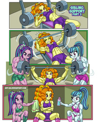 Size: 826x1000 | Tagged: safe, artist:art-2u, derpibooru import, adagio dazzle, aria blaze, sonata dusk, comic:sibling support, equestria girls, abs, acardio dazzle, aria buff, barbell, bench press, breasts, cleavage, clothes, comic, commission, encouragement, female, muscles, muscular female, pigtails, ponytail, sports bra, sweat, swolenata dusk, the dazzlings, towel, trio, trio female, twintails, water bottle, weight lifting, weights, workout, workout outfit