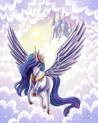 Size: 1080x1350 | Tagged: safe, artist:caroline cupples illustration, derpibooru import, princess celestia, alicorn, pony, canterlot, cloud, crown, female, flying, horn, jewelry, mare, peytral, regalia, spread wings, wings