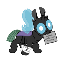 Size: 3000x3000 | Tagged: safe, alternate version, artist:theunidentifiedchangeling, derpibooru import, oc, oc:[unidentified], changeling, armband, buggo, changeling oc, cute, cuteling, derp, digital art, foal, horn, intentional spelling error, mlp fim's twelfth anniversary, mouth hold, paper, simple background, solo, spread wings, transparent background, wings