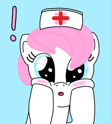 Size: 862x968 | Tagged: artist needed, safe, derpibooru import, nurse redheart, earth pony, pony, blue background, blushing, exclamation point, hat, nurse hat, simple background, surprised