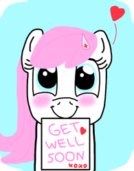 Size: 606x776 | Tagged: safe, derpibooru import, nurse redheart, earth pony, pony, blue background, get well soon, hairpin, heart, simple background