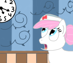 Size: 670x584 | Tagged: safe, derpibooru import, nurse redheart, earth pony, pony, clock, hospital room, surprised