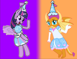 Size: 744x574 | Tagged: safe, artist:darlycatmake, derpibooru import, smolder, twilight sparkle, twilight sparkle (alicorn), alicorn, dragon, beautiful, clothes, costume, cute, dragoness, dress, dressup, duo, duo female, female, flying, froufrou glittery lacy outfit, gloves, halloween, halloween costume, happy, hat, hennin, holiday, long gloves, looking at you, open mouth, pretty, princess, princess smolder, smiling, smolderbetes, spread wings, waving, wings