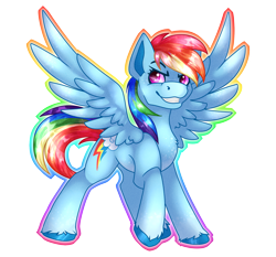 Size: 2147x2000 | Tagged: safe, artist:chvrchgrim, derpibooru import, rainbow dash, pegasus, pony, g4, fanart, female, grin, mare, outline, raised hoof, raised leg, redesign, simple background, smiling, solo, spread wings, transparent background, wings