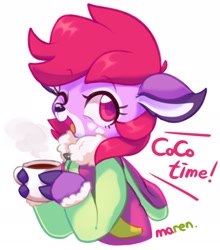 Size: 1966x2230 | Tagged: safe, artist:maren, derpibooru import, oc, oc only, oc:dawnfire, deer, bust, chocolate, clothes, dialogue, food, hoof hold, hot chocolate, jacket, mug, one eye closed, open mouth, simple background, solo, white background