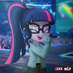 Size: 720x720 | Tagged: safe, artist:alex mlp, derpibooru import, edit, edited screencap, screencap, sci-twi, twilight sparkle, equestria girls, concert, earpiece, eyes closed, microphone, smiling, solo, stage