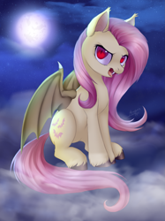 Size: 1497x2000 | Tagged: safe, alternate version, artist:megabait, derpibooru import, fluttershy, bat pony, pony, g4, bat ponified, bat wings, digital art, flutterbat, looking at you, moon, night, open mouth, race swap, red eyes, sitting, sky, solo, wings