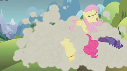 Size: 1280x720 | Tagged: safe, derpibooru import, screencap, applejack, fluttershy, pinkie pie, rarity, earth pony, pegasus, unicorn, dragonshy, season 1, dust cloud, eyes closed, open mouth