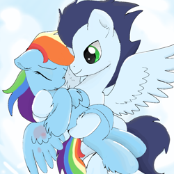 Size: 1000x1000 | Tagged: safe, artist:celedash, derpibooru import, rainbow dash, soarin', pegasus, bridal carry, carrying, female, injured, male, romantic, shipping, soarindash, straight