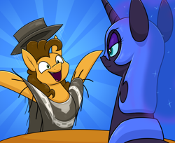 Size: 1894x1542 | Tagged: safe, artist:moonatik, derpibooru import, cheese sandwich, nightmare moon, alicorn, earth pony, pony, equestria at war mod, abstract background, clothes, excited, eyeshadow, female, happy, hat, makeup, male, mare, mlp fim's twelfth anniversary, poncho, smiling, stallion, story included