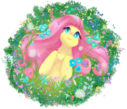 Size: 2514x2160 | Tagged: safe, artist:saphypone, derpibooru import, fluttershy, pegasus, pony, g4, bust, chest fluff, cute, dandelion, female, flower, fluttershy day, grass, high angle, high res, hooves to the chest, looking up, lying down, mare, on back, partial background, plant, shyabetes, simple background, smiling, solo, transparent background