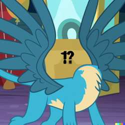 Size: 1024x1024 | Tagged: safe, derpibooru import, edit, edited screencap, machine learning generated, screencap, gallus, griffon, uprooted, balloon, dall-e 2, exclamation point, headless, male, question mark, solo, spread wings, wings