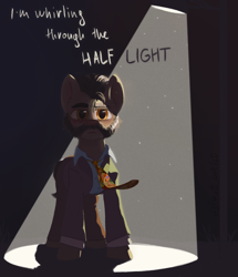 Size: 1094x1270 | Tagged: safe, artist:d3f4ult_4rt1st, derpibooru import, earth pony, pony, clothes, disco elysium, facial hair, harrier du bois, jacket, necktie, ponified, shirt, solo, spotlight, streetlight, text