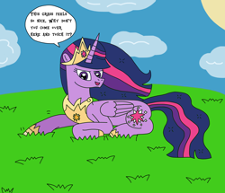 Size: 2850x2448 | Tagged: safe, artist:supahdonarudo, derpibooru import, princess twilight 2.0, twilight sparkle, twilight sparkle (alicorn), alicorn, pony, g4, the last problem, cloud, dialogue, grass, grass field, jewelry, lying down, older, older twilight, prone, pun, regalia, speech bubble, sun, talking to viewer, text, tiara, visual pun