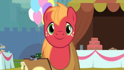 Size: 1920x1080 | Tagged: safe, derpibooru import, screencap, big macintosh, earth pony, pony, g4, season 9, the last problem, spoiler:s09, 1080p, balloon, clipboard, cute, looking at you, macabetes, male, reaction image, smiling, smiling at you, solo, stallion