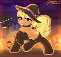 Size: 937x880 | Tagged: safe, artist:llametsul, derpibooru import, ms. harshwhinny, earth pony, pony, choker, clothes, fangs, female, halloween, hat, holiday, looking at you, mare, mlp fim's twelfth anniversary, pumpkin, signature, socks, solo, stockings, tail wrap, thigh highs, witch hat