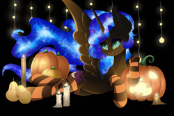 Size: 1280x854 | Tagged: safe, artist:natanvok, derpibooru import, nightmare moon, princess luna, pony, candle, clothes, halloween, holiday, jack-o-lantern, lying down, prone, pumpkin, socks, solo, stockings, striped socks, thigh highs