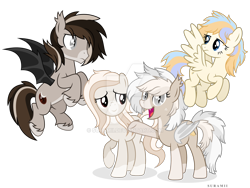 Size: 1920x1440 | Tagged: safe, artist:suramii, derpibooru import, oc, oc only, oc:aries, oc:cuddy, oc:souvenir, bat pony, pegasus, pony, deviantart watermark, female, male, mare, obtrusive watermark, simple background, stallion, transparent background, watermark