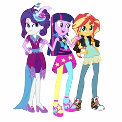 Size: 2289x2289 | Tagged: safe, derpibooru import, rarity, sunset shimmer, twilight sparkle, twilight sparkle (alicorn), alicorn, better together, equestria girls, rainbow rocks, clothes, dress, gala dress, game stream outfit, rainbow rocks outfit, simple background, white background