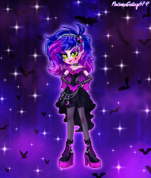 Size: 2880x3400 | Tagged: safe, artist:prismagalaxy514, artist:selenaede, derpibooru import, oc, human, undead, vampire, equestria girls, boots, choker, clothes, dress, ear piercing, earring, fangs, fingerless gloves, gem, gemstones, gloves, hairband, jewelry, night, piercing, shoes, sleeveless, solo, sparkles, stockings, thigh highs