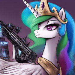 Size: 1024x1024 | Tagged: safe, derpibooru import, generator:stable diffusion, machine learning generated, princess celestia, alicorn, pony, crown, cyberpunk, female, gun, jewelry, mare, regalia, solo, weapon