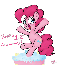 Size: 1800x2000 | Tagged: safe, artist:dashyoshi, derpibooru import, pinkie pie, earth pony, pony, g4, anniversary, cake, food, looking at you, mlp fim's twelfth anniversary, open mouth, simple background, solo, standing on a cake, transparent background