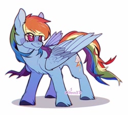 Size: 1024x922 | Tagged: safe, artist:crowenxd_, derpibooru import, rainbow dash, pegasus, pony, chest fluff, colored hooves, colored pinnae, colored wings, eye clipping through hair, eyebrows, eyebrows visible through hair, female, full body, looking sideways, mare, multicolored wings, simple background, smiling, solo, standing, unshorn fetlocks, white background, wings