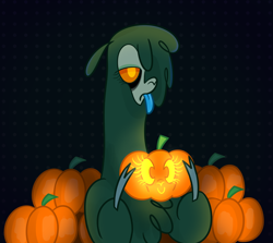 Size: 1600x1430 | Tagged: safe, artist:nonameorous, derpibooru import, paprika paca, alpaca, undead, zombie, them's fightin' herds, black background, community related, dark background, halloween, holding, holiday, jack-o-lantern, pumpkin, simple background, solo, tongue, tongue out