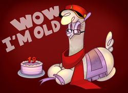 Size: 2665x1940 | Tagged: safe, artist:nonameorous, derpibooru import, oc, alpaca, them's fightin' herds, birthday, birthday cake, cake, caption, clothes, community related, crossed hooves, food, glasses, hat, looking away, red background, red hat, red scarf, scarf, simple background, sitting, solo, text