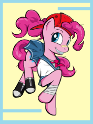 Size: 844x1116 | Tagged: safe, artist:sallycars, derpibooru import, pinkie pie, earth pony, pony, backwards ballcap, bandage, bandaid, baseball cap, blouse, braces, cap, clothes, grin, hat, looking at you, ms paint, pinkie pie day, ponytail, sailor uniform, school uniform, shoes, simple background, skirt, smiling, solo, uniform, yellow background