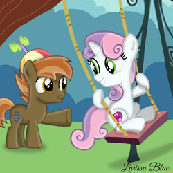 Size: 900x900 | Tagged: safe, artist:mlplary6, derpibooru import, button mash, sweetie belle, earth pony, pony, unicorn, colt, female, filly, foal, looking at each other, looking at someone, male, shipping, smiling, smiling at each other, straight, sweetiemash, swing