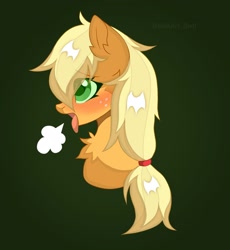 Size: 1744x1892 | Tagged: safe, artist:belkaart0w0, derpibooru import, applejack, earth pony, pony, blushing, chest fluff, cute, female, freckles, gradient background, green background, jackabetes, mare, open mouth, profile, side view, sigh, simple background, solo, tongue, tongue out